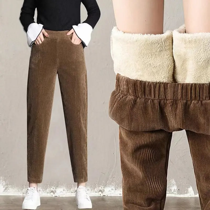Corduroy warm women's trousers with fleece lining