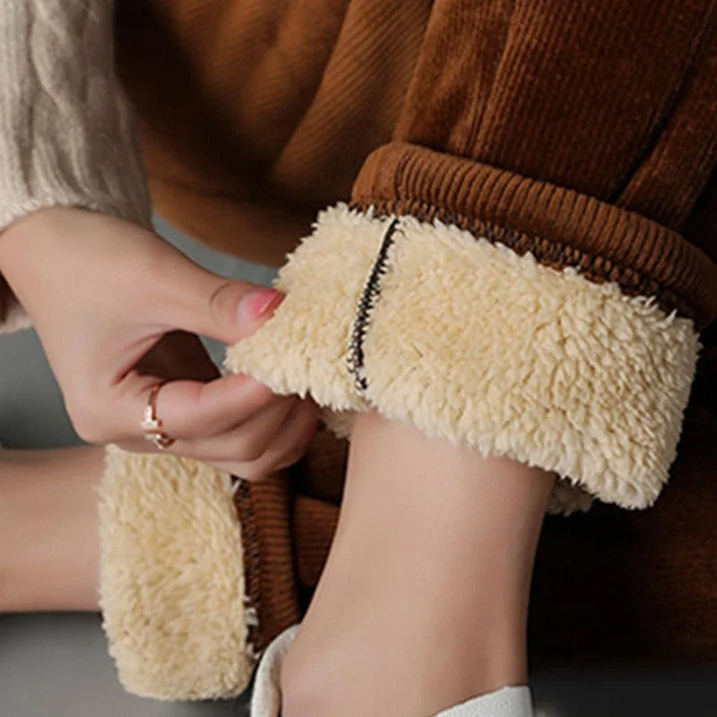Corduroy warm women's trousers with fleece lining