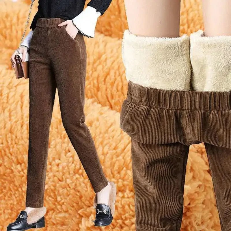 Corduroy warm women's trousers with fleece lining