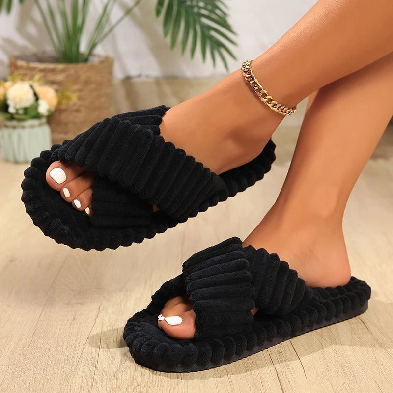 Corduroy women's cross-tie slippers