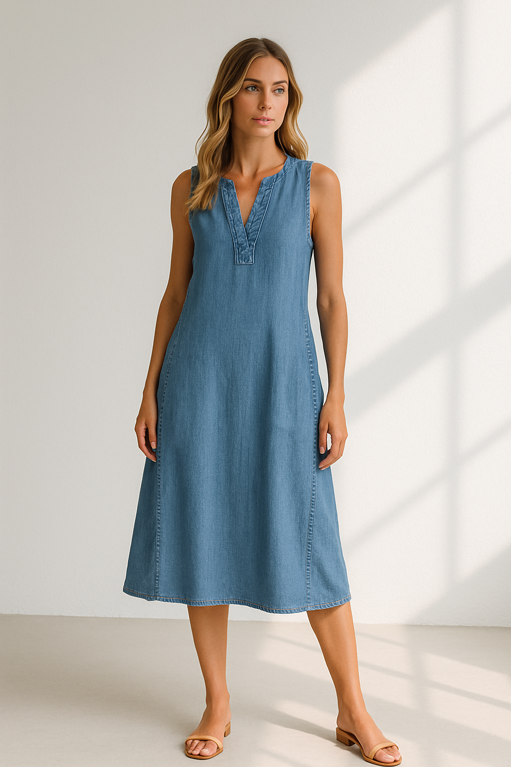 Women's A-line Summer Dress Sleeveless V-neck Denim Look