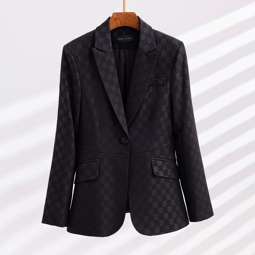 Ladies Blazer With Plaid Pattern Elegant Acetate Spandex