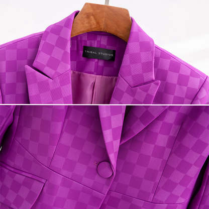 Ladies Blazer With Plaid Pattern Elegant Acetate Spandex