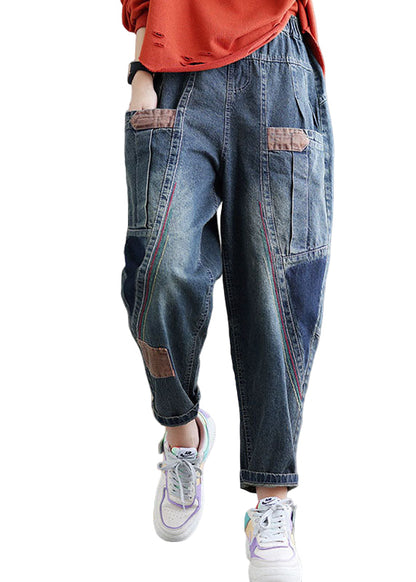 Women's Casual Denim Trousers with Pockets and Patchwork