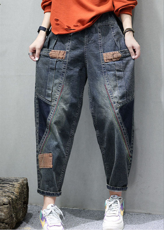Women's Casual Denim Trousers with Pockets and Patchwork
