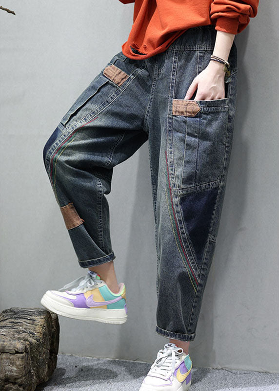 Women's Casual Denim Trousers with Pockets and Patchwork