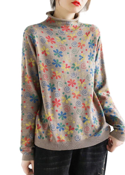 Women's Turtleneck Sweater With Khaki Print Trendy High Neck Design