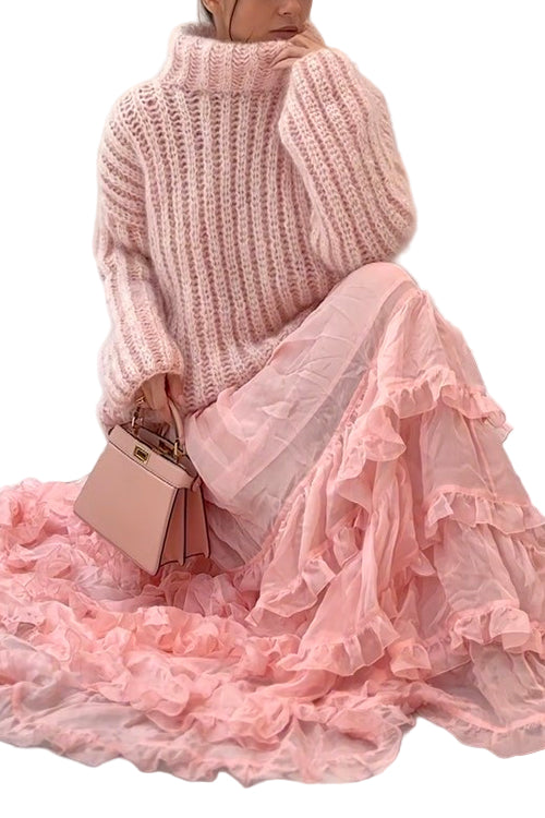 Women's Turtleneck Sweater with Lowered Shoulder and Fluffy Finish