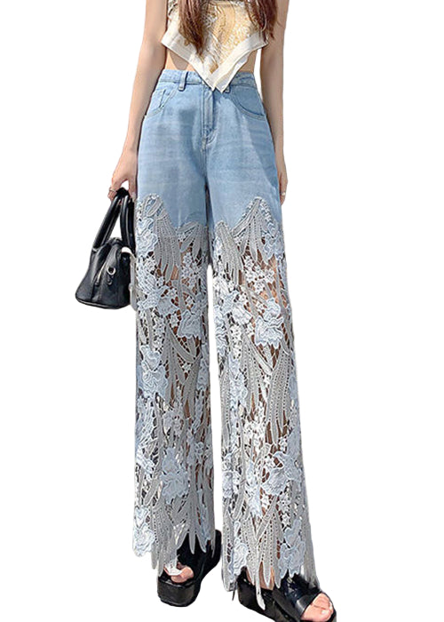 Women's Denim Trousers with Lace Patchwork