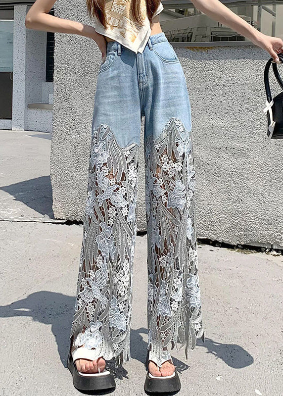 Women's Denim Trousers with Lace Patchwork
