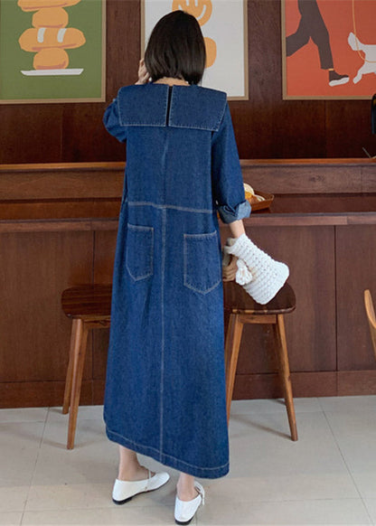 Women's Denim Dress with Peter Pan Collar and Patches