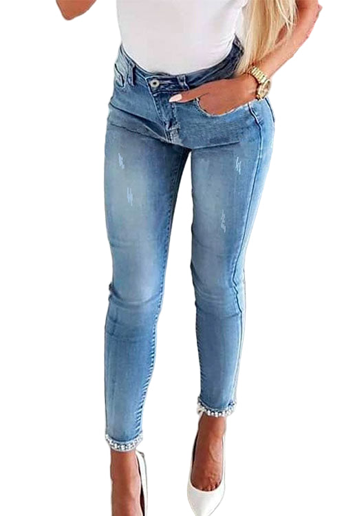 Women's Denim trousers with Bow tie and Pearl Beads