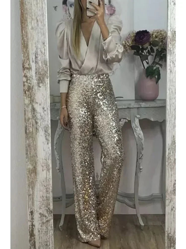 Ladies Party Pants With Sparkling Sequins Polyester Elastane