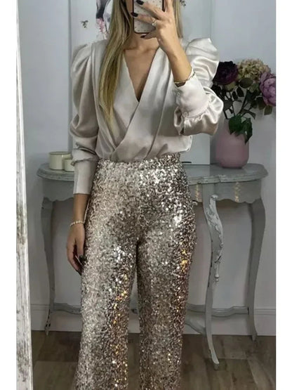 Ladies Party Pants With Sparkling Sequins Polyester Elastane