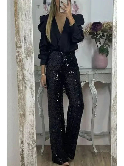 Ladies Party Pants With Sparkling Sequins Polyester Elastane