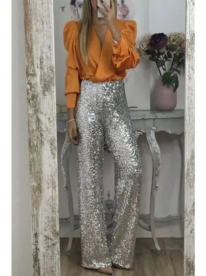 Ladies Party Pants With Sparkling Sequins Polyester Elastane