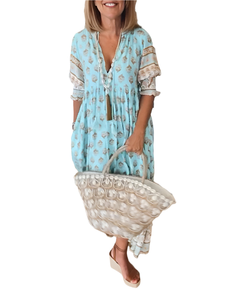 Women's Half-Sleeve Dress V-Neck Printed