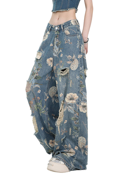 Women's High Waist Denim Trousers with Unique Blue Pattern