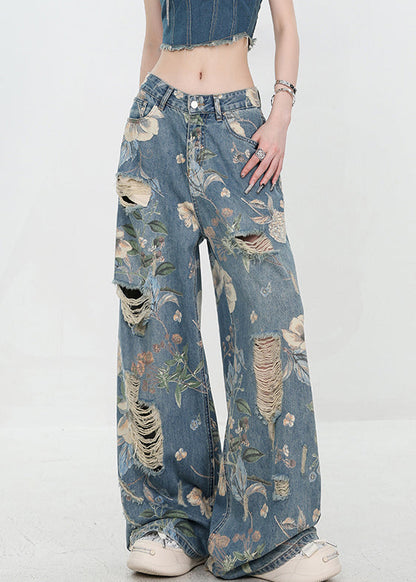 Women's High Waist Denim Trousers with Unique Blue Pattern