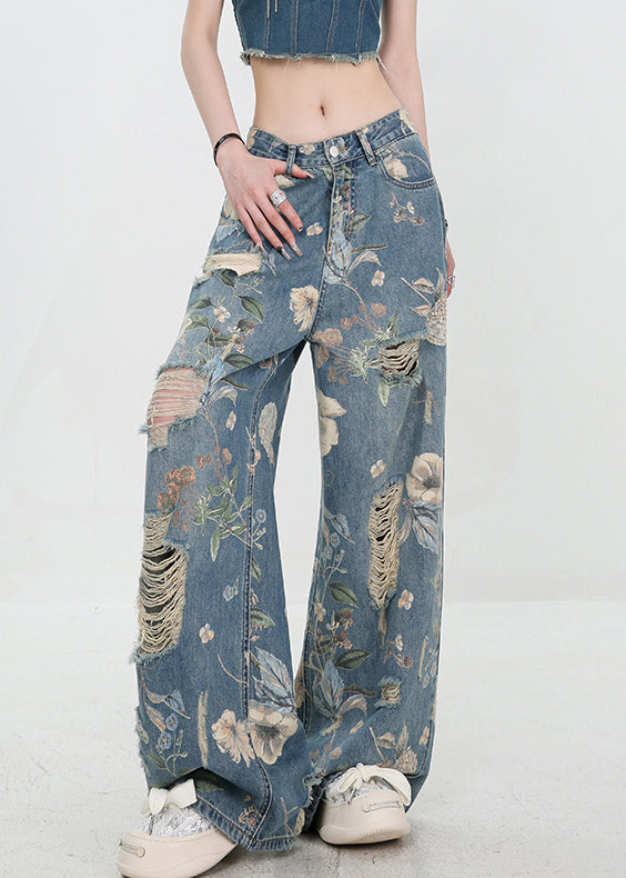 Women's High Waist Denim Trousers with Unique Blue Pattern