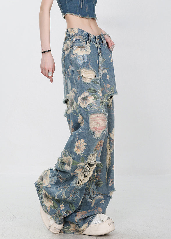 Women's High Waist Denim Trousers with Unique Blue Pattern