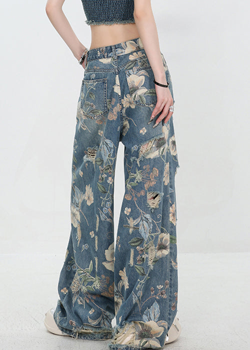 Women's High Waist Denim Trousers with Unique Blue Pattern
