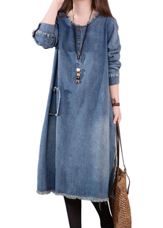 Women's Denim O-neck Dress with Buttons and Pockets Casual