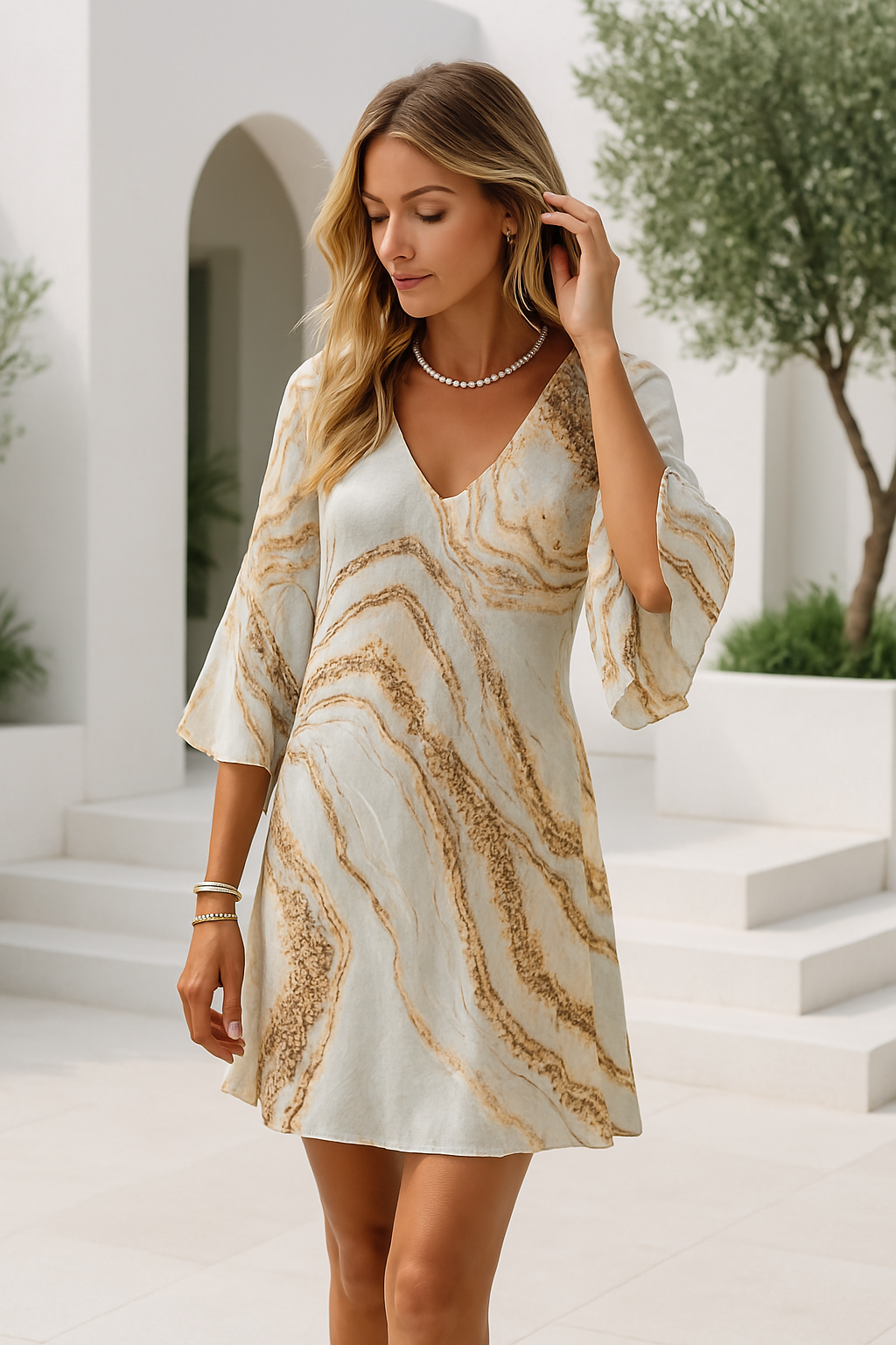 Women's Short Dress V-neck Marble Print