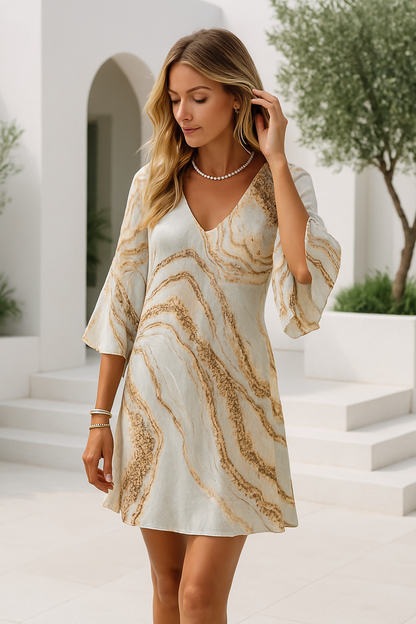 Women's Short Dress V-neck Marble Print