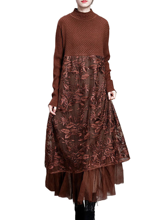 Women's Long Knitted Dress with O-neck and Embroidered Design