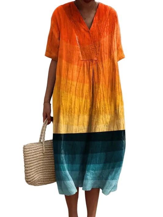 Women's Long Dress V-neck Short Sleeves Striped Colour Block