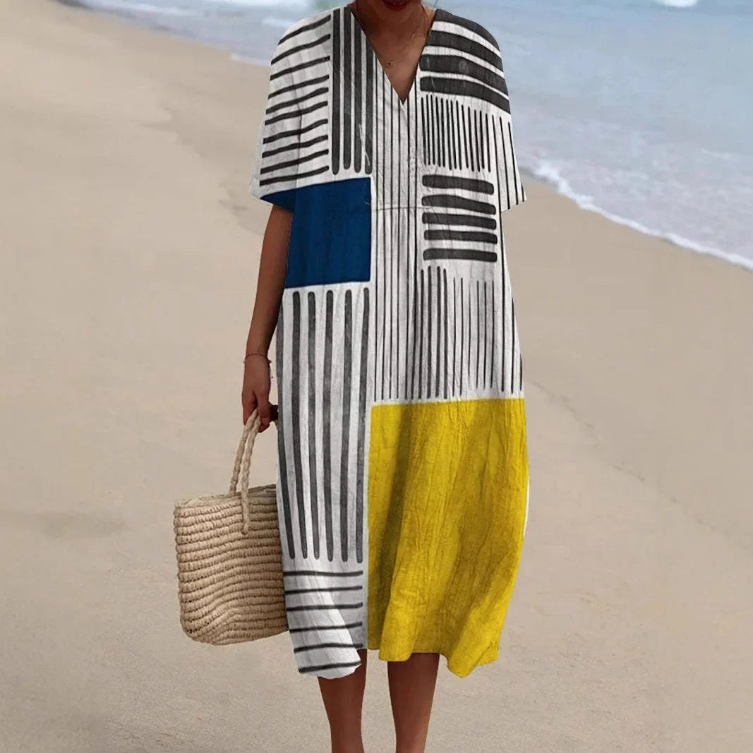 Women's Long Dress V-neck Short Sleeves Striped Colour Block