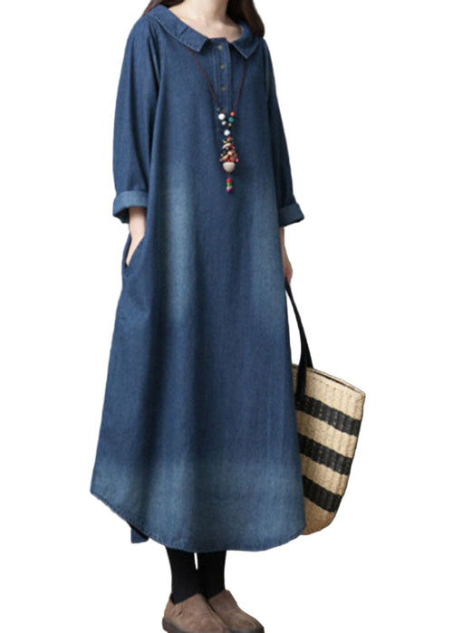 Women's Long Sleeve Denim Dress with PeterPan Collar and Pockets