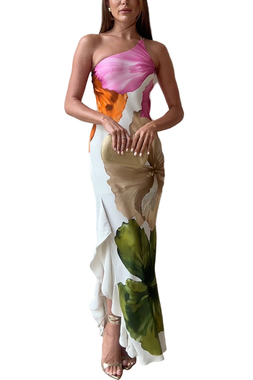 Women's One Shoulder Maxi Dress with Draped Ruffles