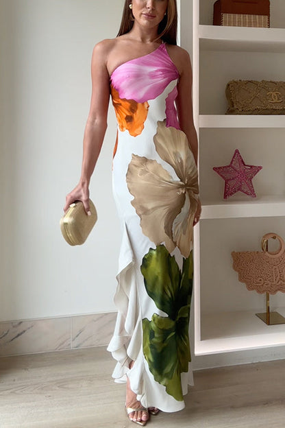 Women's One Shoulder Maxi Dress with Draped Ruffles