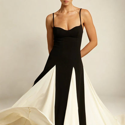 Women's Maxi Dress Elegant Long Black and White Flowing Fabric