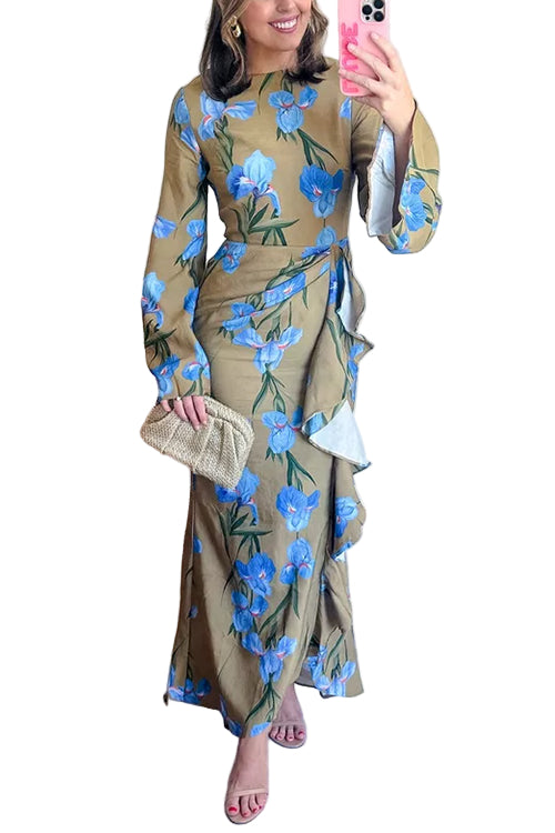 Women's Maxi Dress With Floral Print And Draped Split
