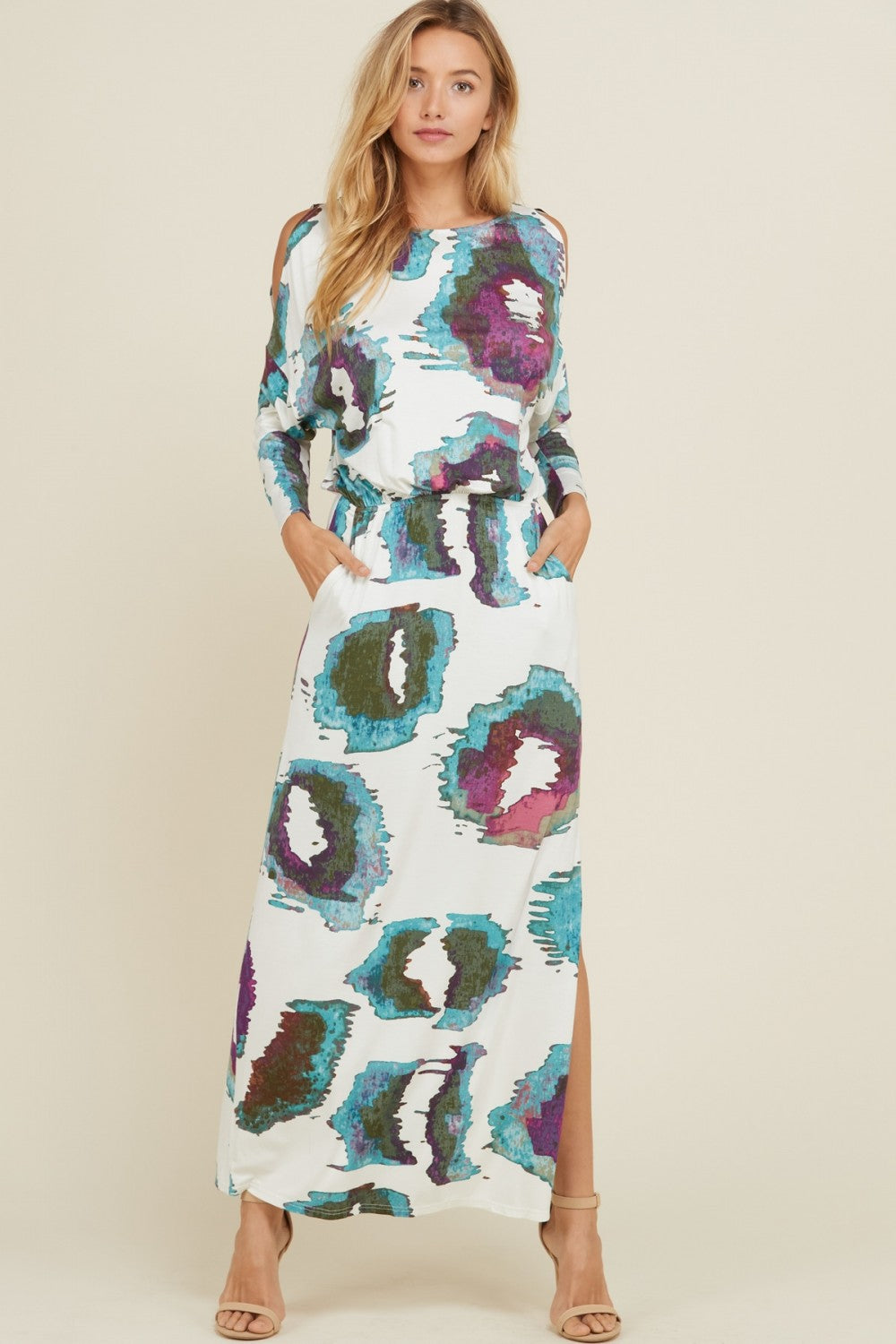 Women's Maxi Dress With Cold Shoulders and Pockets