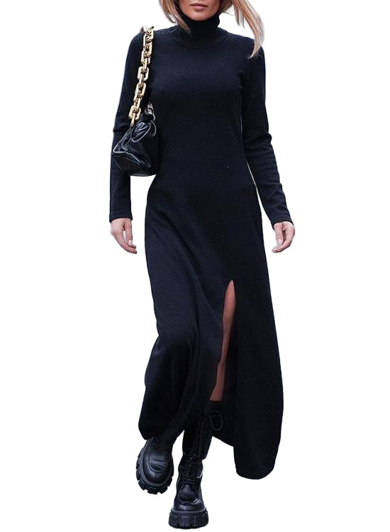 Women's Maxi Dress with High Split and Long Sleeves
