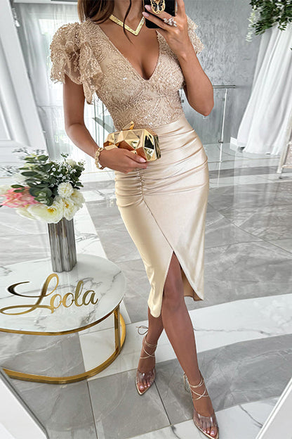 Women's midi dress V-neck with Flared Sleeves and Slit