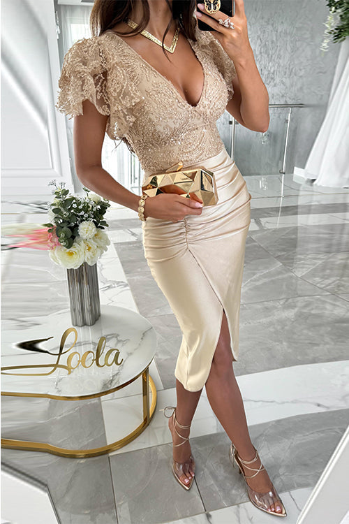 Women's midi dress V-neck with Flared Sleeves and Slit