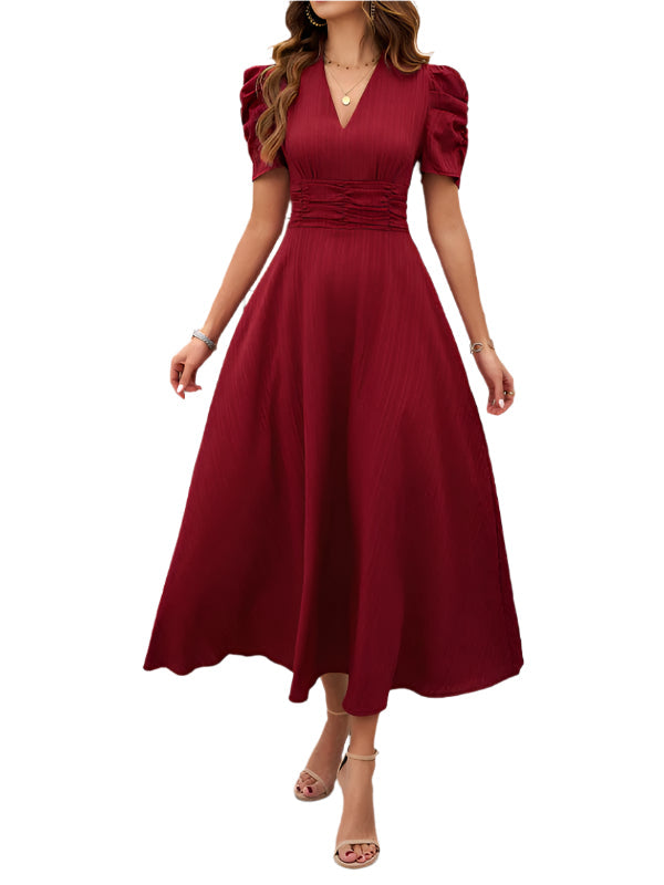 Women's Midi Dress V-Neck With Puff Sleeves And Ruffle Waist