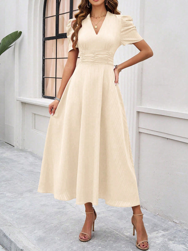 Women's Midi Dress V-Neck With Puff Sleeves And Ruffle Waist
