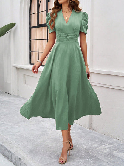 Women's Midi Dress V-Neck With Puff Sleeves And Ruffle Waist