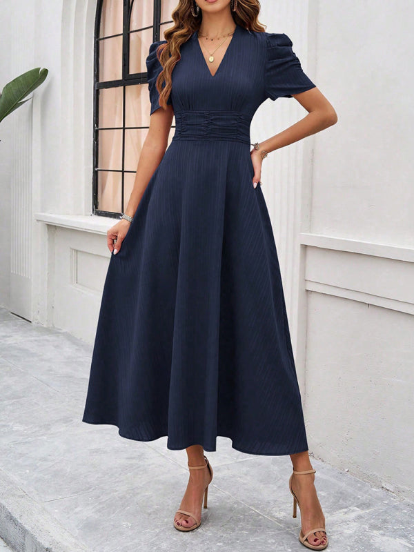 Women's Midi Dress V-Neck With Puff Sleeves And Ruffle Waist