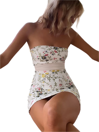Women's Mini Dress Floral Print Strapless With Detachable Back Strap