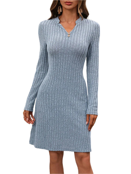 Women's Mini Dress With Notch Long Sleeves