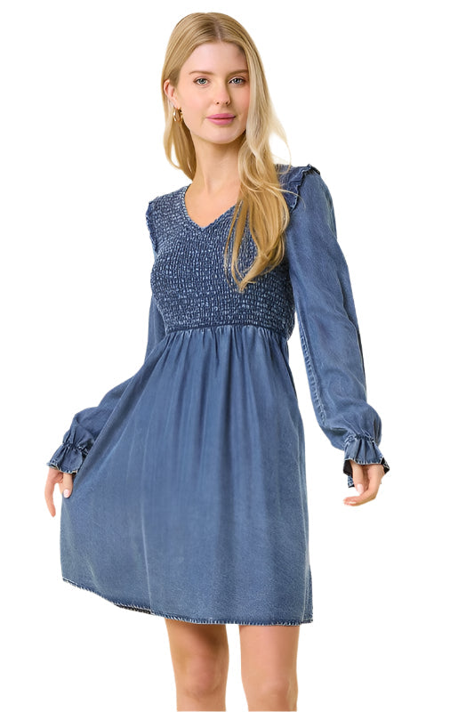 Women's Mini Dress V-Neck Ruffled Denim