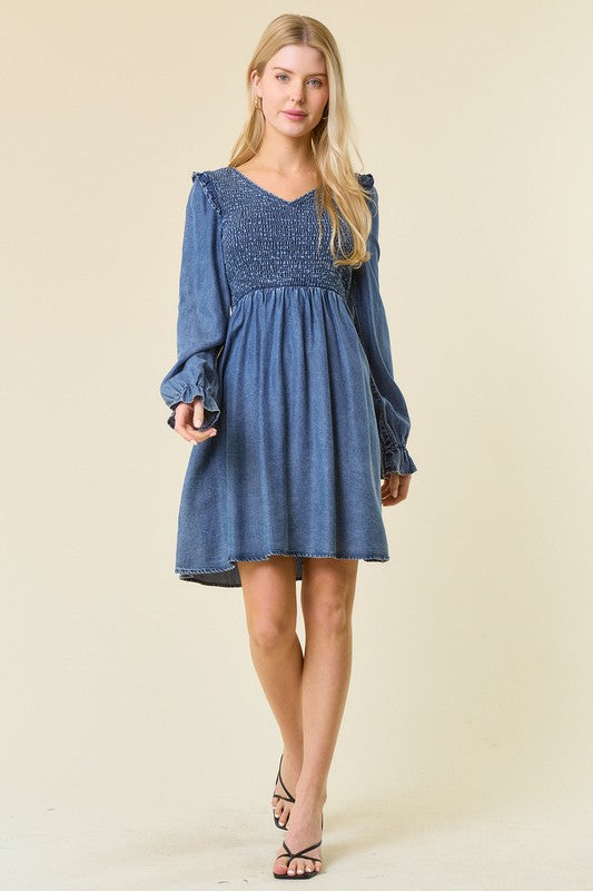 Women's Mini Dress V-Neck Ruffled Denim