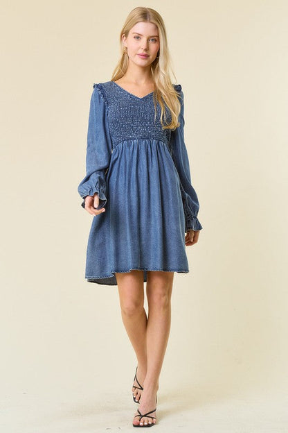 Women's Mini Dress V-Neck Ruffled Denim
